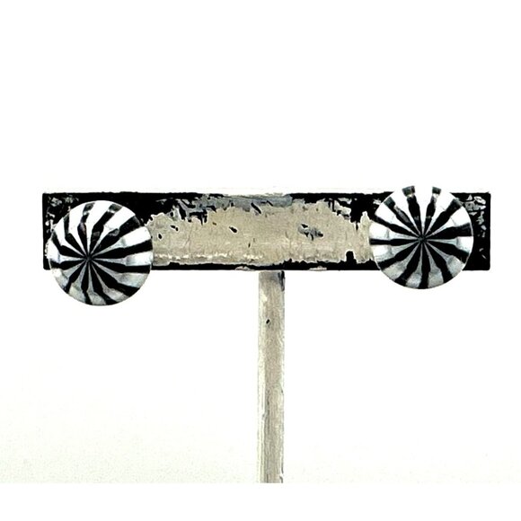 Striped Black & White Round Stud Earrings - Picture 4 of 6